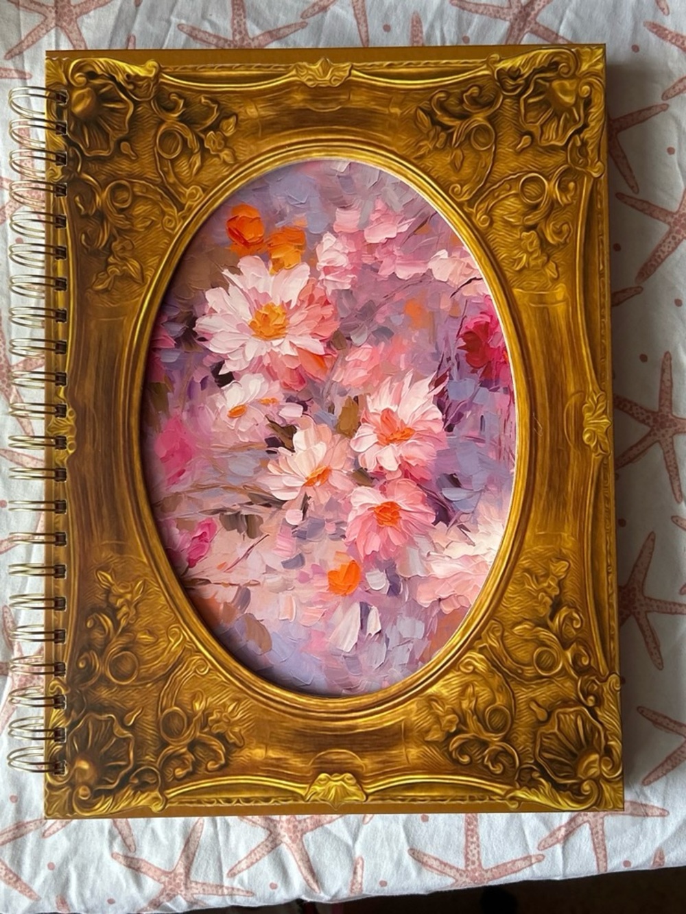 Floral Oil-Paint Cover Spiral Sketchbook in Pink and Gold.